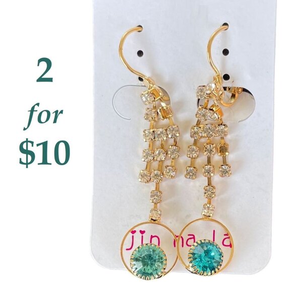 Jin na la Jewelry - Dangling Gold-Plated Earrings w/Aqua and Clear Rhinestone Accents by Jin na la